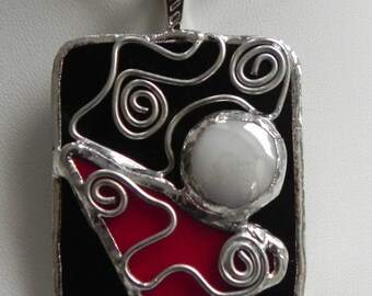 Handcrafted  Black Stained Glass Pendant with Red and White Glass Accents with Twisted Wire