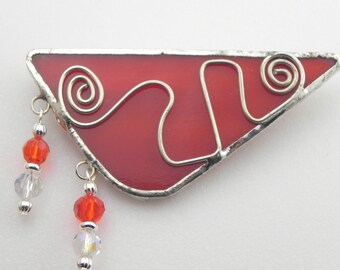 Large Red Stained Glass  Brooch with Twisted Wire and Beads