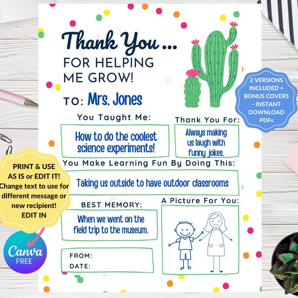 Teacher Appreciation Gift, Thank You For Helping Me Grow, End of School Present, Cactus All About Teacher, Fill in Blank Printable, EDITABLE