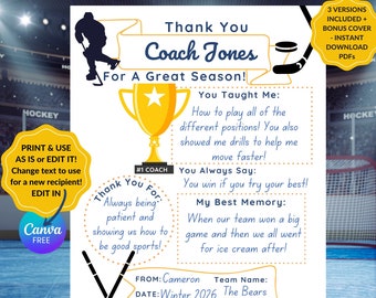Hockey Coach Thank You Gift: Editable Fill-in Printable (PDF)