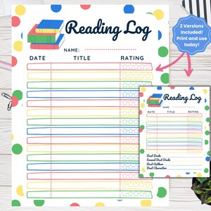 May include: Printable reading log with a colorful polka dot background. The log has sections for date, title, and rating. There are five stars for rating. The log has a stack of books at the top and the words "Reading Log" in bold black letters.