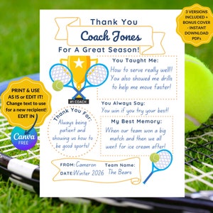 Tennis Coach Gift, Tennis Instructor Thank You, End of Season Gift for Coach, Tennis Teacher Present, Letter to Mentor, Printable, EDITABLE