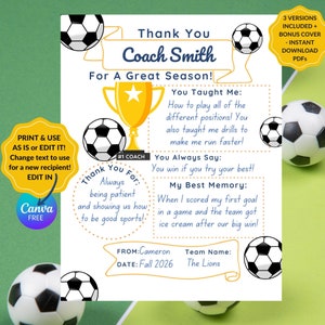 Printable Thank You Note for Soccer Coach, 1 Player / Team, Coach Appreciation Gift, End of Sports Season Present, Edit in Canva or use PDF