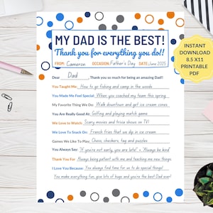 Fill In The Blank Papa druckbar, sentimentales Papa Geschenk, Vatertagsbrief vom Kind, Alles über Papa PDF, einzigartiges Geburtstagsgeschenk für Papa