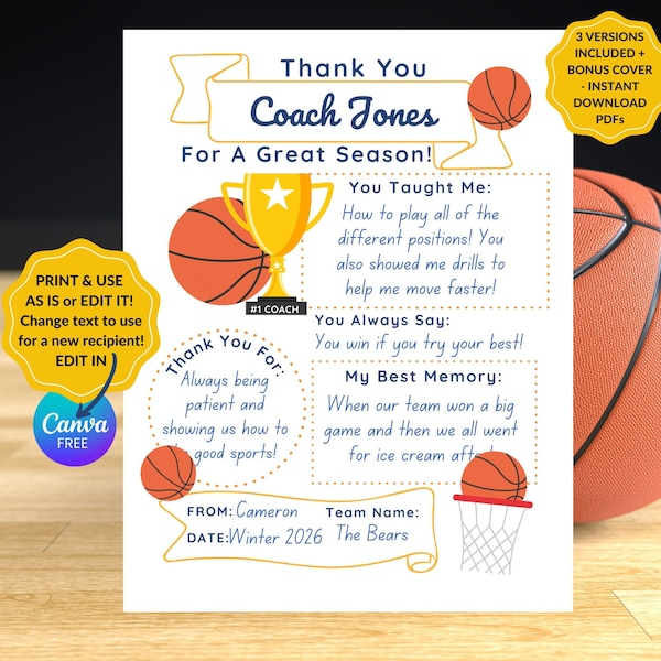 Basketball Coach Thank You Gift, Basketball Coach Appreciation, Coach Fill in Blank, Coach Team Present, Basketball  Printable, EDITABLE