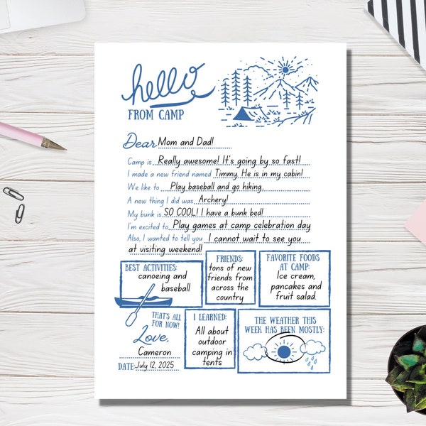 Fill In The Blank Camp Letter, Camp Note Printable, Customizable Summer Camp Stationery, Kids Sleepover Camp Notes, Gift For Camper,