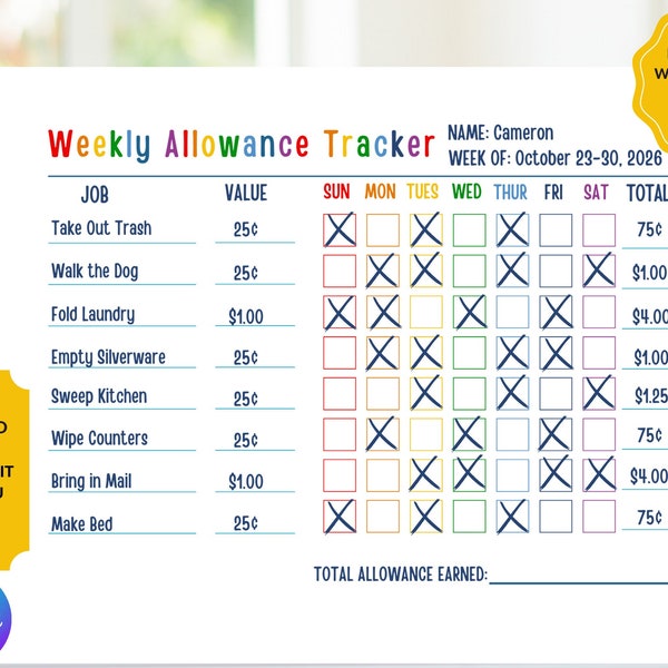 Allowance Tracker, Printable Allowance Chore Chart, Kids Commission Chart, Editable Chore Chart, Responsibility Chart, Earn Screen Time, PDF