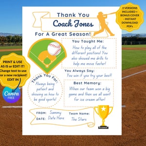 Baseball Coach Gift, Base Ball Instructor Thank You, End of Season Coach Letter, Phys Ed Teacher Present, Trophy Card, Printable, EDITABLE