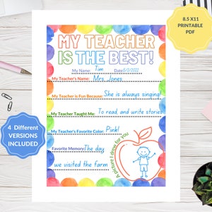 Rainbow Watercolor Teacher Appreciation Printable, Teacher Thank You, Last Day of School Gift, Fill in Blank Letter From Student to Teacher