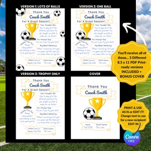 Puede incluir: Tarjeta de agradecimiento imprimible para un entrenador de f&uacute;tbol. La tarjeta presenta un bal&oacute;n de f&uacute;tbol, un trofeo y el texto "&iexcl;Gracias Coach Smith por una gran temporada!" Recibir&aacute;s todos estos... 3 versiones imprimibles PDF diferentes de 8,5 x 11 pulgadas INCLUIDAS + PORTADA EXTRA