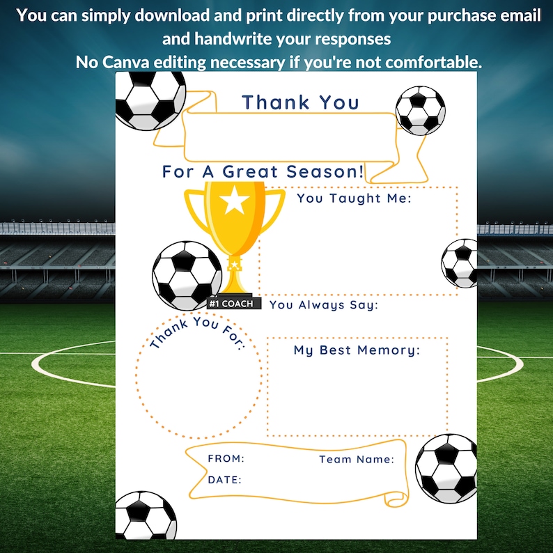 Puede incluir: Tarjeta de agradecimiento imprimible para un entrenador de f&uacute;tbol. La tarjeta presenta un bal&oacute;n de f&uacute;tbol, un trofeo y espacio para escribir un mensaje. El texto de la tarjeta dice: "&iexcl;Gracias por una gran temporada! Me ense&ntilde;aste: Siempre dices: Mi mejor recuerdo: De: Fecha: Nombre del equipo:"