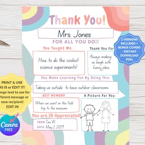 Puede incluir: Una tarjeta imprimible de agradecimiento al profesor con las palabras "Thank You!" y "Mrs. Jones" en un diseño colorido. La tarjeta incluye secciones para rellenar con mensajes personalizados y un dibujo de dos figuras de palo. La tarjeta también dice "2 VERSIONS INCLUDED + BONUS COVERS - INSTANT DOWNLOAD PDFs".