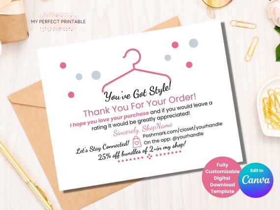 Poshmark Thank You Card Template Printable Poshmark Package | Etsy