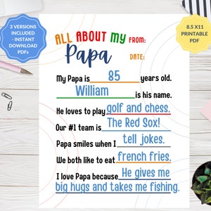 Father's Day Printable For Papa, All About My Papa Fill In The Blank, Meaningful Present to Grandfather from Kid, Birthday Letter For Papa