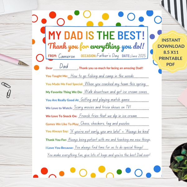 Father's Day Fill In The Blank, All About Dad Printable, Questions About Dad, Daddy Birthday Gift from Child, Dad Is The Best, Papa Present