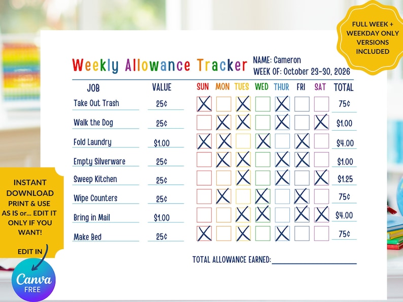 Allowance Tracker, Printable Allowance Chore Chart, Kids Commission