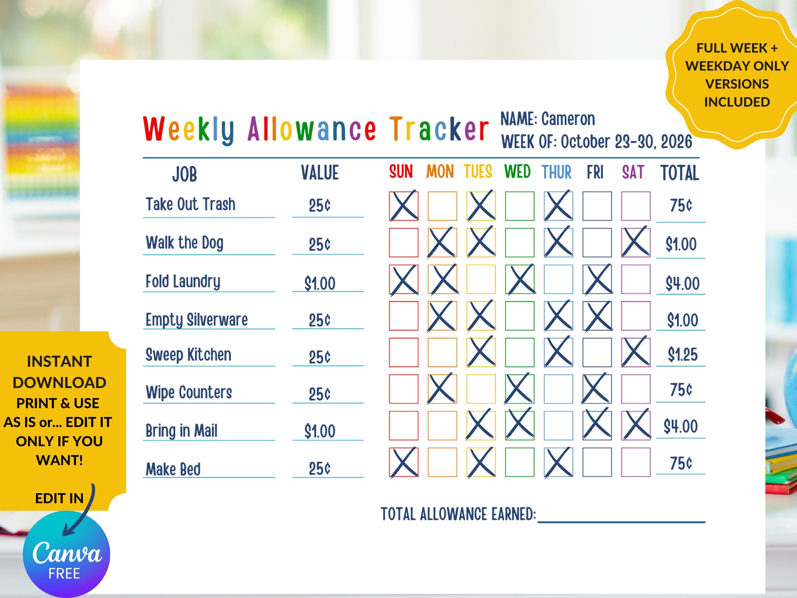 Allowance Tracker, Printable Allowance Chore Chart, Kids Commission