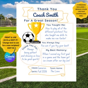 Puede incluir: Tarjeta de agradecimiento imprimible para un entrenador, con un bal&oacute;n de f&uacute;tbol y un trofeo. La tarjeta dice "&iexcl;Gracias Coach Smith por una gran temporada!" e incluye espacio para personalizar con el nombre del entrenador, el nombre del remitente, el nombre del equipo y la fecha.