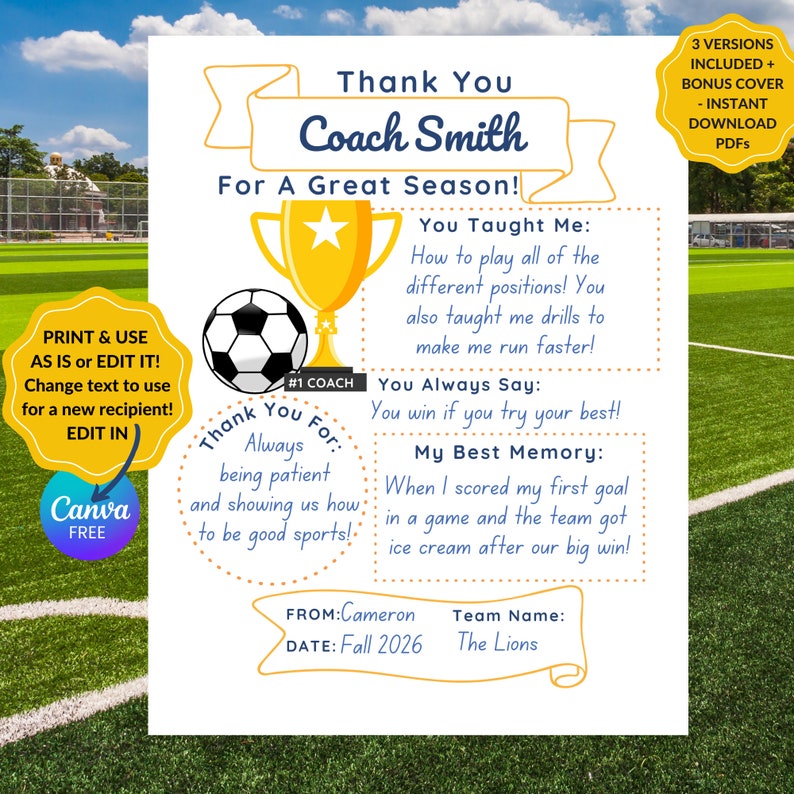 Puede incluir: Tarjeta de agradecimiento imprimible para un entrenador, con un bal&oacute;n de f&uacute;tbol y un trofeo. La tarjeta dice "&iexcl;Gracias Coach Smith por una gran temporada!" e incluye espacio para personalizar con el nombre del entrenador, el nombre del remitente, el nombre del equipo y la fecha.