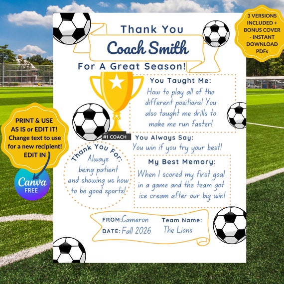 Soccer Coach Thank You Gift: Fill-In Printable (EDITABLE, PDF)