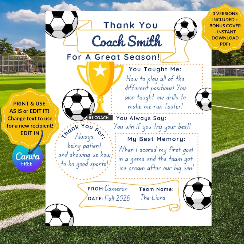 Puede incluir: Tarjeta de agradecimiento imprimible para un entrenador de f&uacute;tbol. La tarjeta presenta un dise&ntilde;o de bal&oacute;n de f&uacute;tbol y el texto "&iexcl;Gracias Coach Smith por una gran temporada!"  Me ense&ntilde;aste: &iexcl;C&oacute;mo jugar en todas las posiciones! Tambi&eacute;n me ense&ntilde;aste ejercicios para correr m&aacute;s r&aacute;pido! Siempre dices: &iexcl;Se gana si se da lo mejor de s&iacute;! Mi mejor recuerdo: Cuando marqu&eacute; mi primer gol en un partido y el equipo recibi&oacute; helado despu&eacute;s de nuestra gran victoria! DE: Cameron Nombre del equipo: Los Leones FECHA: Oto&ntilde;o 2026"