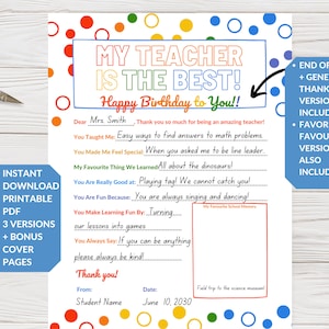 Happy Birthday Teacher Printable, Teacher Appreciation Letter, Last Day of School Teacher Letter, All About My Teacher, End of School Gift