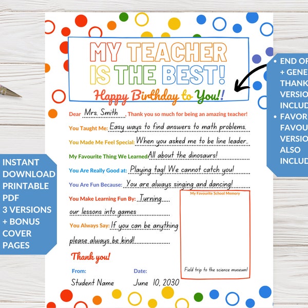 Teacher Appreciation Printable: Birthday & Thank You Letter (PDF Download)