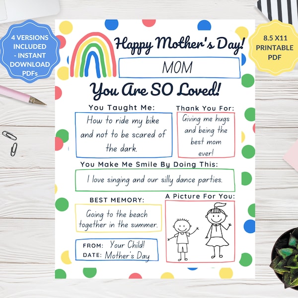 Mother's Day Printable, All About Mom Fill in Blank, Mama Gift From Child, DIY Mommy Present, Instant Download Mum PDF Note, Handmade Unique