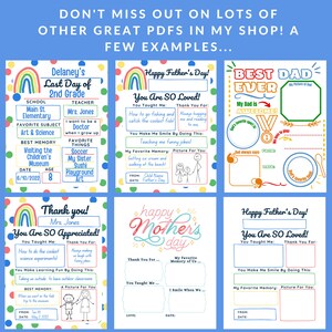 Puede incluir: Un conjunto de tarjetas imprimibles para el D&iacute;a del Padre y el D&iacute;a de la Madre con acentos de arco&iacute;ris. Las tarjetas tienen secciones para rellenar para que los ni&ntilde;os puedan escribir sobre sus recuerdos favoritos y las cosas que les gustan de sus padres.