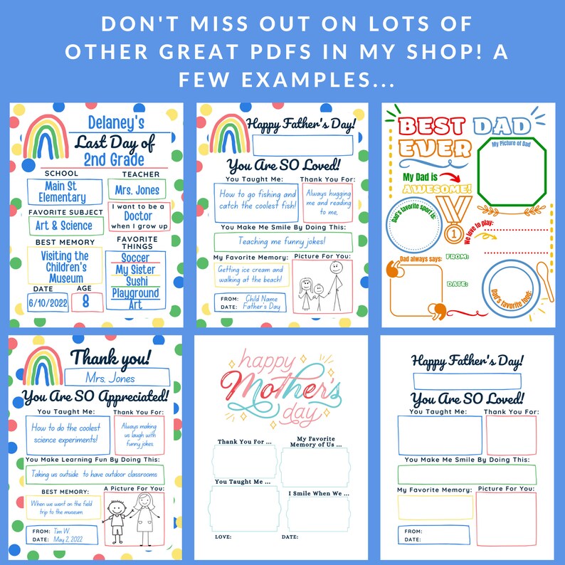 Puede incluir: Un conjunto de tarjetas imprimibles para el D&iacute;a del Padre y el D&iacute;a de la Madre con acentos de arco&iacute;ris. Las tarjetas tienen secciones para rellenar para que los ni&ntilde;os puedan escribir sobre sus recuerdos favoritos y las cosas que les gustan de sus padres.