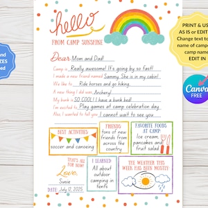 Fill In The Blank Camp Letter, Rainbow Camp Note Printable, Customizable Summer Camp Stationery, Camper Gift, 8x10 + 5x7 Sizes, CANVA EDIT