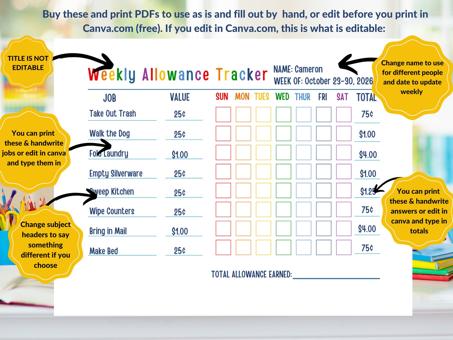 Allowance Tracker Printable Allowance Chore Chart Kids Etsy