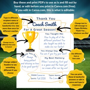 Puede incluir: Una tarjeta de agradecimiento imprimible para un entrenador, con un trofeo amarillo, una estrella amarilla y el texto "&iexcl;Gracias Coach Smith por una gran temporada!" La tarjeta es personalizable con cuadros de texto para el nombre del destinatario, un mensaje y un recuerdo.