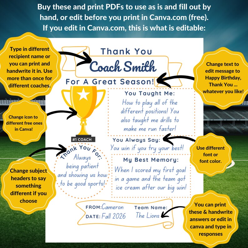 Puede incluir: Una tarjeta de agradecimiento imprimible para un entrenador, con un trofeo amarillo, una estrella amarilla y el texto "&iexcl;Gracias Coach Smith por una gran temporada!" La tarjeta es personalizable con cuadros de texto para el nombre del destinatario, un mensaje y un recuerdo.