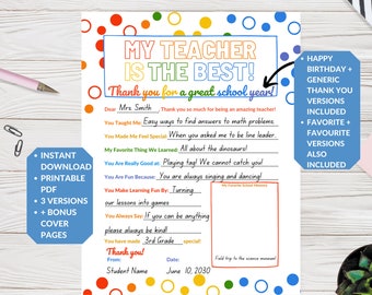 Teacher Appreciation Printable: All About My Teacher, Thank You Gift (PDF)