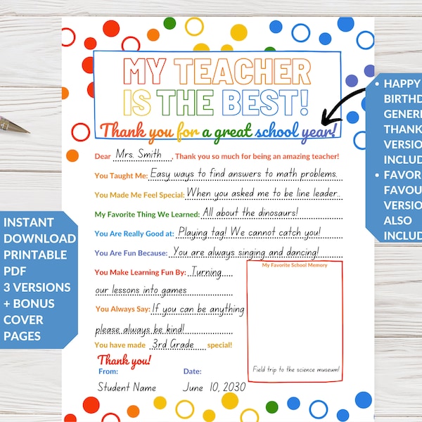 Teacher Appreciation Printable, Thank You Teacher, Happy Birthday Teacher Gift, All About My Teacher Page, FAVORITE + FAVOURITE Versions