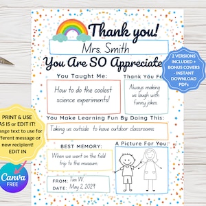 Teacher Appreciation Printable, Teacher Appreciation Gift, All About Teacher Fill in Blank Printable, Educator Thank You, EDIT IN CANVA
