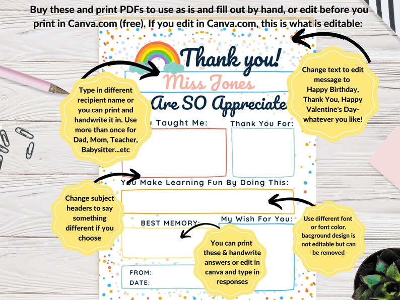 Teacher Appreciation Fill-in Printable: Rainbow Design (EDIT IN CANVA ...