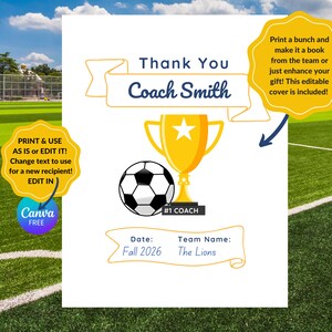 Puede incluir: Una tarjeta de agradecimiento imprimible para un entrenador de f&uacute;tbol. La tarjeta presenta un bal&oacute;n de f&uacute;tbol, un trofeo y el texto "Gracias Coach Smith". La tarjeta tambi&eacute;n incluye el texto "#1 Coach", "Fecha: Oto&ntilde;o 2026" y "Nombre del equipo: Los Leones".