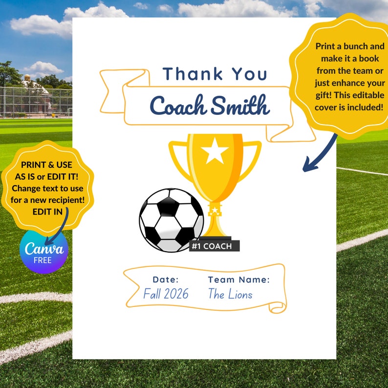 Puede incluir: Una tarjeta de agradecimiento imprimible para un entrenador de f&uacute;tbol. La tarjeta presenta un bal&oacute;n de f&uacute;tbol, un trofeo y el texto "Gracias Coach Smith". La tarjeta tambi&eacute;n incluye el texto "#1 Coach", "Fecha: Oto&ntilde;o 2026" y "Nombre del equipo: Los Leones".