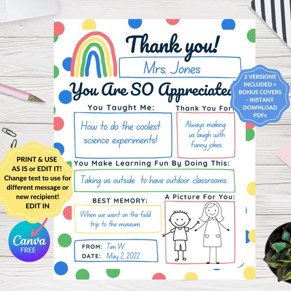 Teacher Appreciation Gift, Teacher Appreciation Week, All About Teacher Fill in Blank Printable, Teacher Thank You Gift, EDITABLE IN CANVA