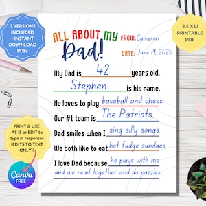 All About My Dad Printable, Daddy Fill In The Blank, Dad Birthday Letter, Father's Day Kid Questionnaire, Dad Questions, Father's Day Gift