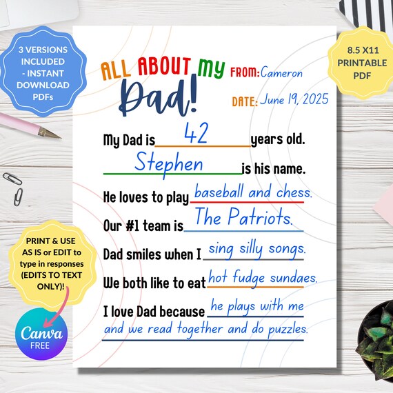 All About My Dad Printable Daddy Fill in the Blank Dad - Etsy