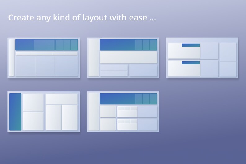 May include: Five different website layout templates with a blue and white colour scheme. The text "Create any kind of layout with ease..." is at the top of the image.
