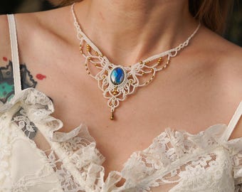 Labradorit Makramé Halskette • Handgemachter Boho Heilstein Anhänger mit verstellbarem Schiebeknoten • Spirituelles Geschenk für Sie•Hochzeitsschmuck