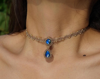 Handgefertigte Makramee Labradorit Halskette - verstellbarer Boho Kristall Anhänger, spiritueller Heilung Schmuck, Festival, Hochzeit oder Geschenk für Frauen