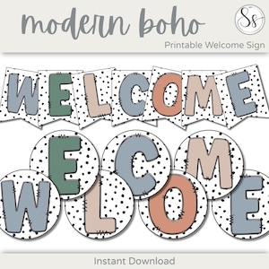 May include: Printable welcome sign with the word "WELCOME" in large, colorful letters with a black and white polka dot background. The letters are in different colors and styles, with a modern boho aesthetic.
