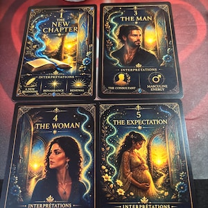 May include: Four rectangular oracle cards with black borders and gold accents. The cards feature illustrations of a book, a man, a woman, and a pregnant person, each framed by an open doorway leading to a sunrise. Text includes titles like The New Chapter, The Man, The Woman, and The Expectation, along with various interpretive icons and labels.