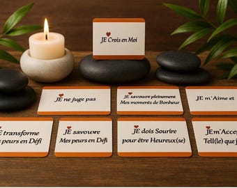 May include: A set of eight affirmation cards with orange and white borders. The cards feature French phrases with a heart symbol. The phrases include "JE Crois en Moi", "JE ne juge pas", "JE savouire pleinement Mes moments de Bonheur", "JE m'Aime et", "E transforme peurs en Défi", "JE savoure Mes peurs en Defi", "JE dois Sourire pour être Heureux(se)", and "JEm'Accep Tell(le) que".