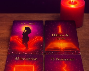 May include: A lit red candle next to four tarot cards with various illustrations and text. The cards feature images of a silhouette, an open book, a gift, and a fiery orb. The text on the cards includes "31 Le choix", "1 Debut de cycle", "55 Invitation", and "75 Naissance".